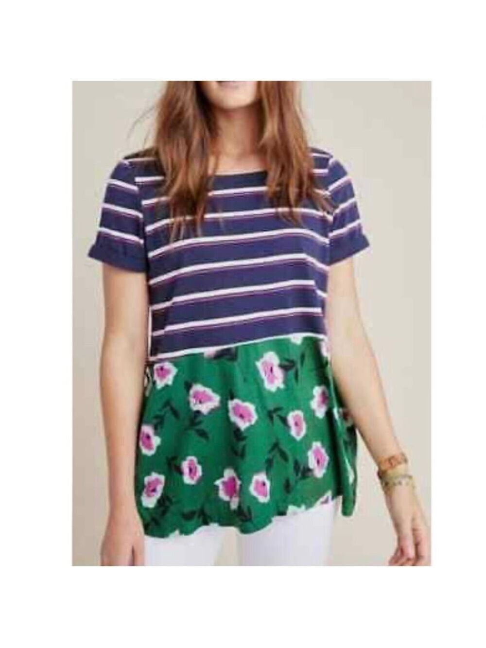 Anthropologie Striped Floral Hem Tunic Top - Size Small